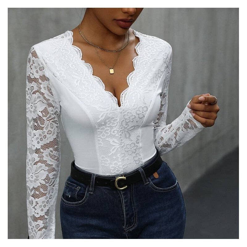 FurDecoration - Vente Combinaison – femme - Combinaison à manches longues et dos ouvert en dentelle à col en V5