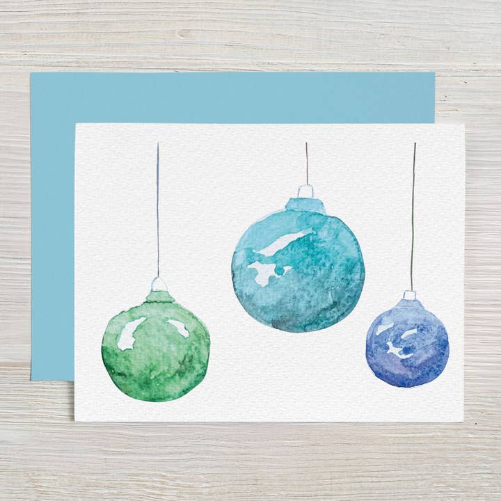 Blue & Green Ornaments Watercolor Holiday Card for wholesale by Waterline Studio