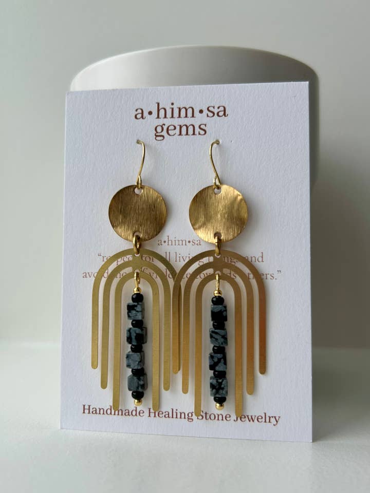 Snowflake Obsidian Arches Brass Earrings for wholesale by Ahimsa Gems