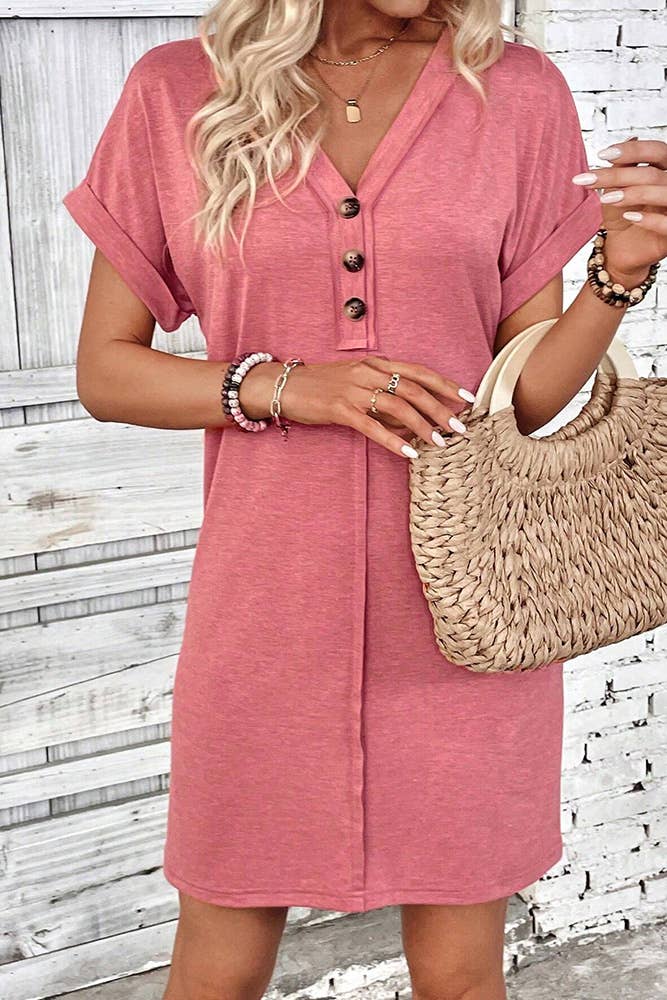 UNISHE - Wholesale Dress – Women's - Plain V Neck Buttoned Exposed Seam T-Shirt Dress AXR09520