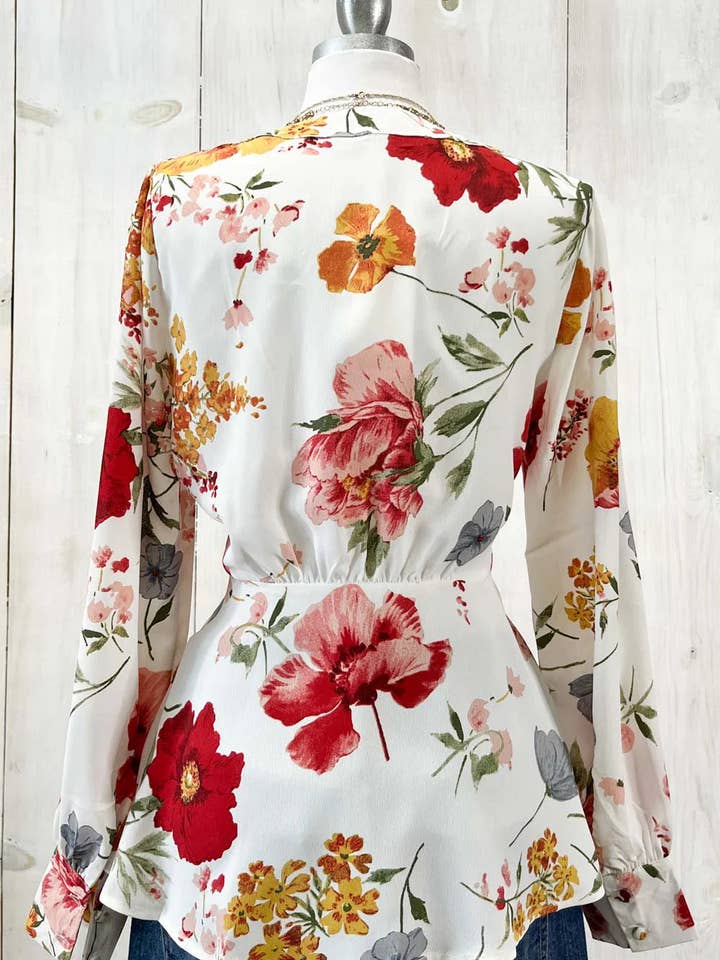 White Floral Print Peplum Top Long Sleeve V-Neck Button Front Blouse for wholesale on Faire1