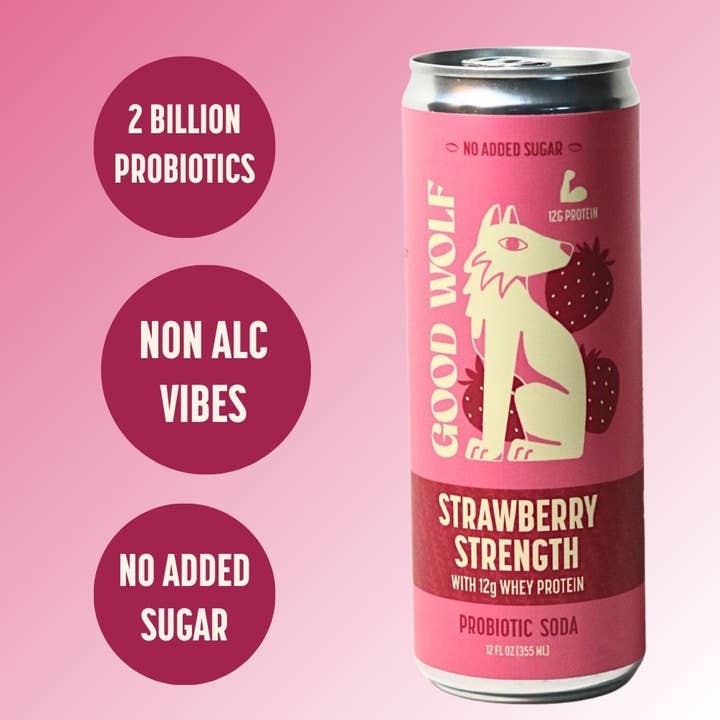 Good Wolf Beverages - Wholesale Soda/Carbonated Drink - Strawberry Strength Probiotic Protein Soda - 12oz