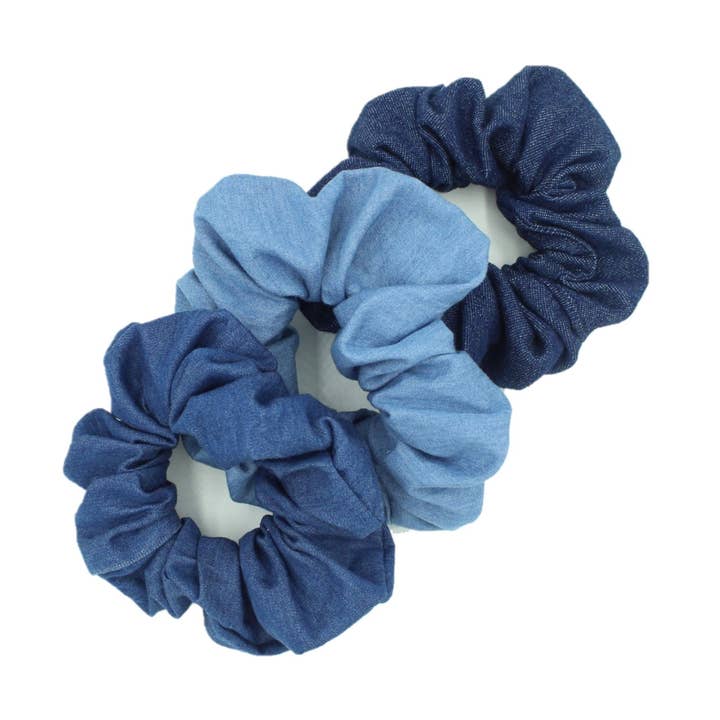 3 Blue Denim Hair Scrunchies Bundle for wholesale by The Enchanted Magnolia