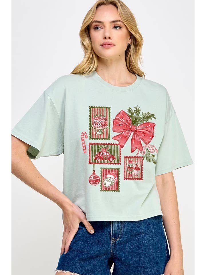 COLORBEAR - Wholesale T-Shirt (Graphic) - Women's - Christmas Stamps Graphic Relaxed Crop Top4