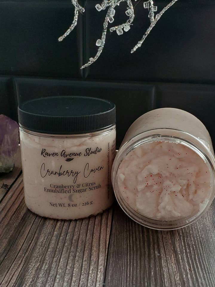 Cranberry Coven Emulsified Sugar Scrub / Holiday Sugar Scrub for wholesale by Raven Avenue Studio