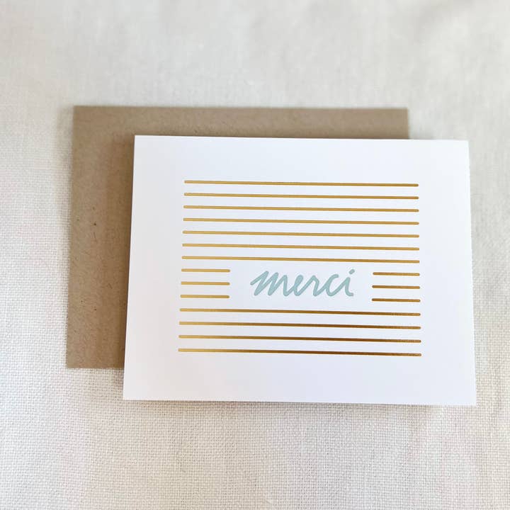 Merci Sky Blue and Gold Foiled Thank You Card for wholesale by Stephanie's Paper Shop