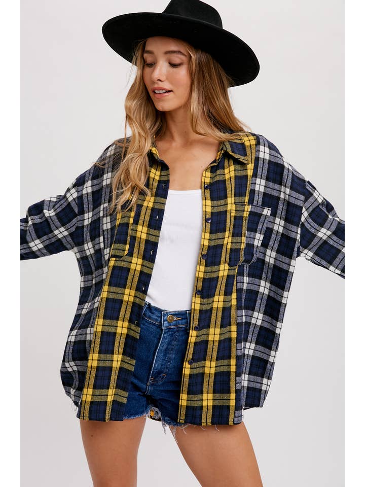 Bluivy - Wholesale Button Down Shirt - Women's - OVERSIZED COLOR BLOCK FLANNEL SHIRT
