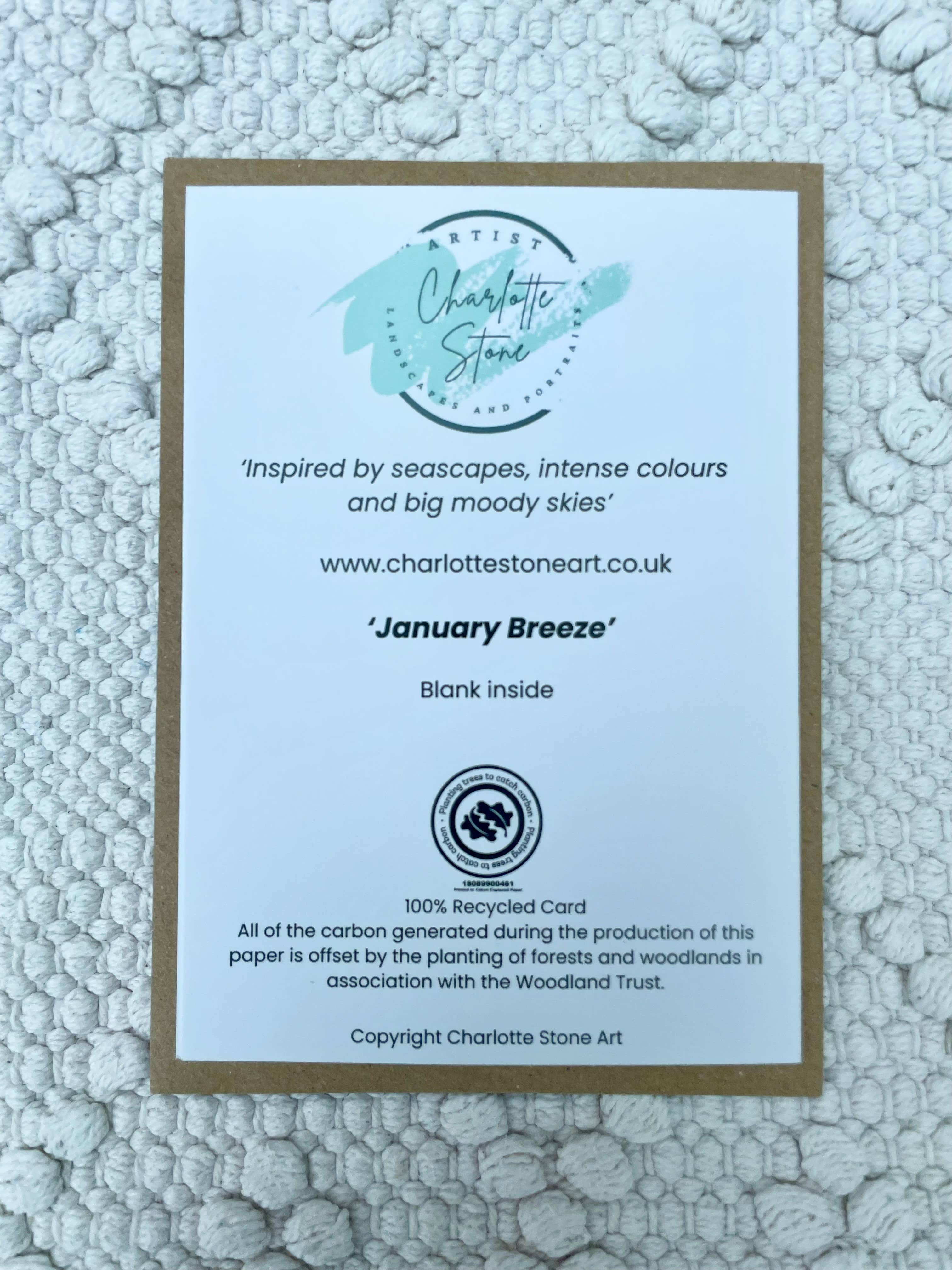 Charlotte Stone Art – wholesale Everyday greeting card – January Breeze Coastal Art Greeting Card- Blank Eco friendly1