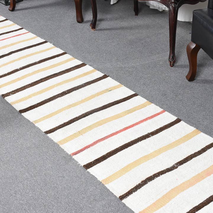Handmade White Striped Rug, 2x9.6 Ft Area Rug for wholesale by Vintage Rugs Loom