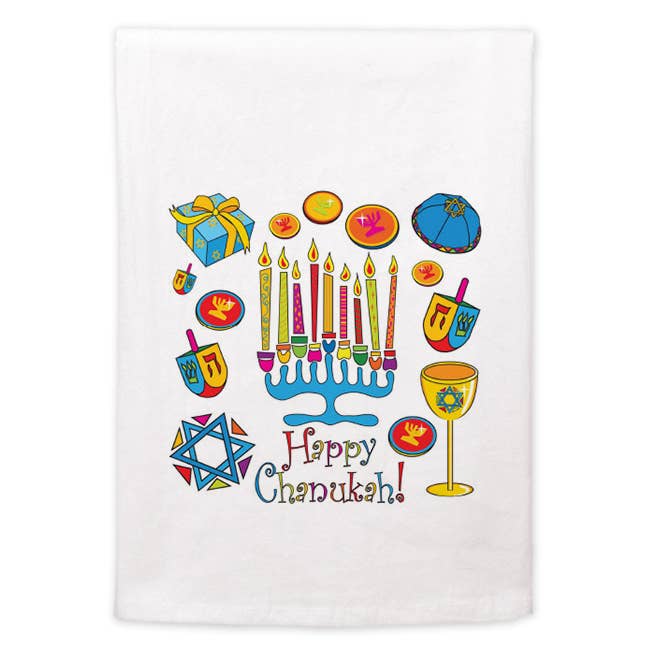 Serviette de sac à farine - symboles de Chanoukah pour la vente par Mariasch Studios