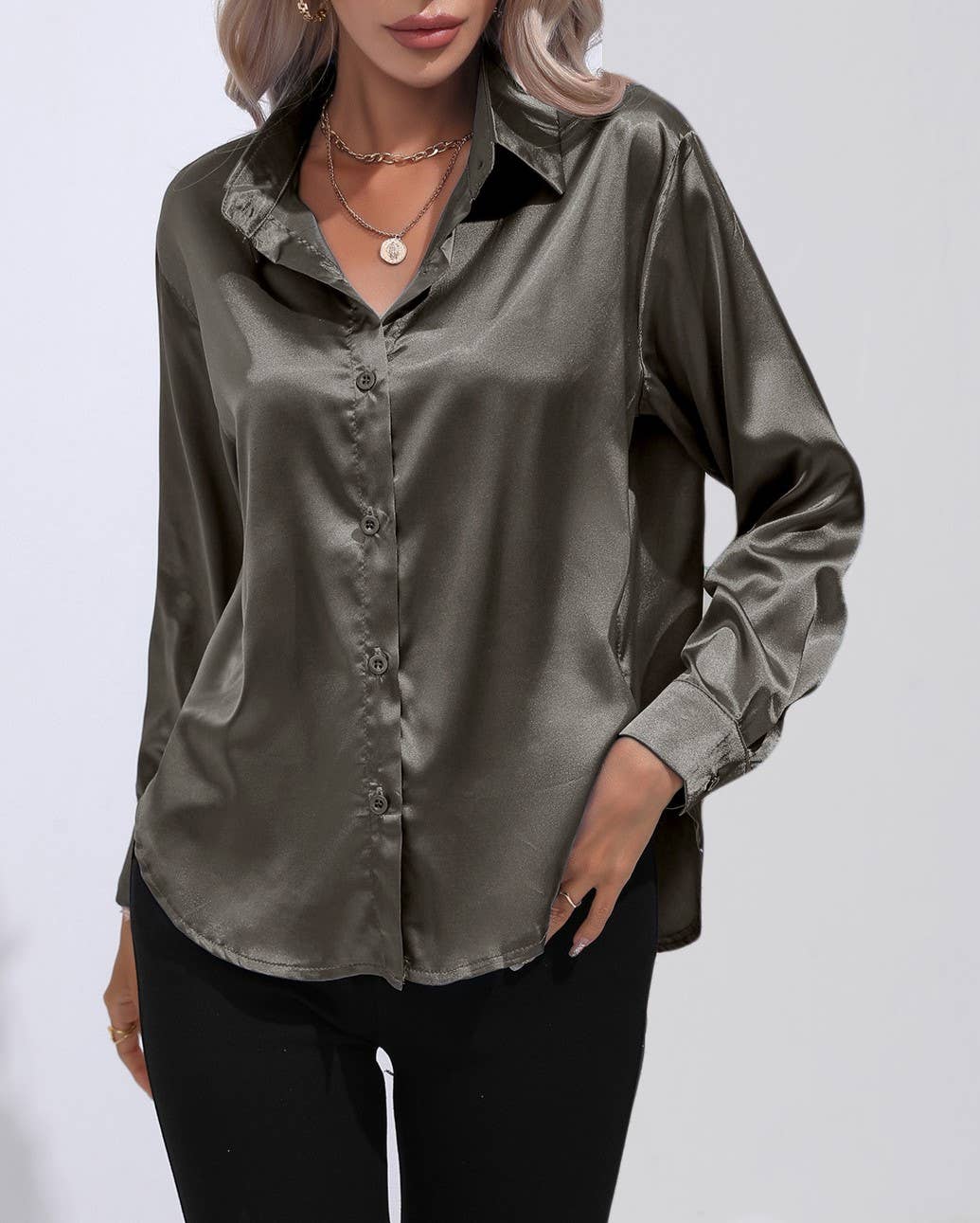 HIDDENBRAND - Wholesale Button Down Shirt - Women's - Satin Faux Silk Long-Sleeved Shirt42
