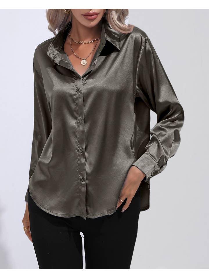 HIDDENBRAND - Wholesale Button Down Shirt - Women's - Satin Faux Silk Long-Sleeved Shirt42