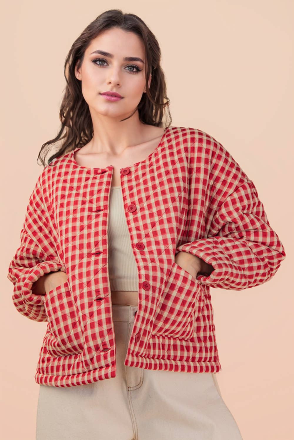 VERY J - Wholesale Jacket - Women's - NJ90419-Oversized Checkered Casual Quilt Jacket7