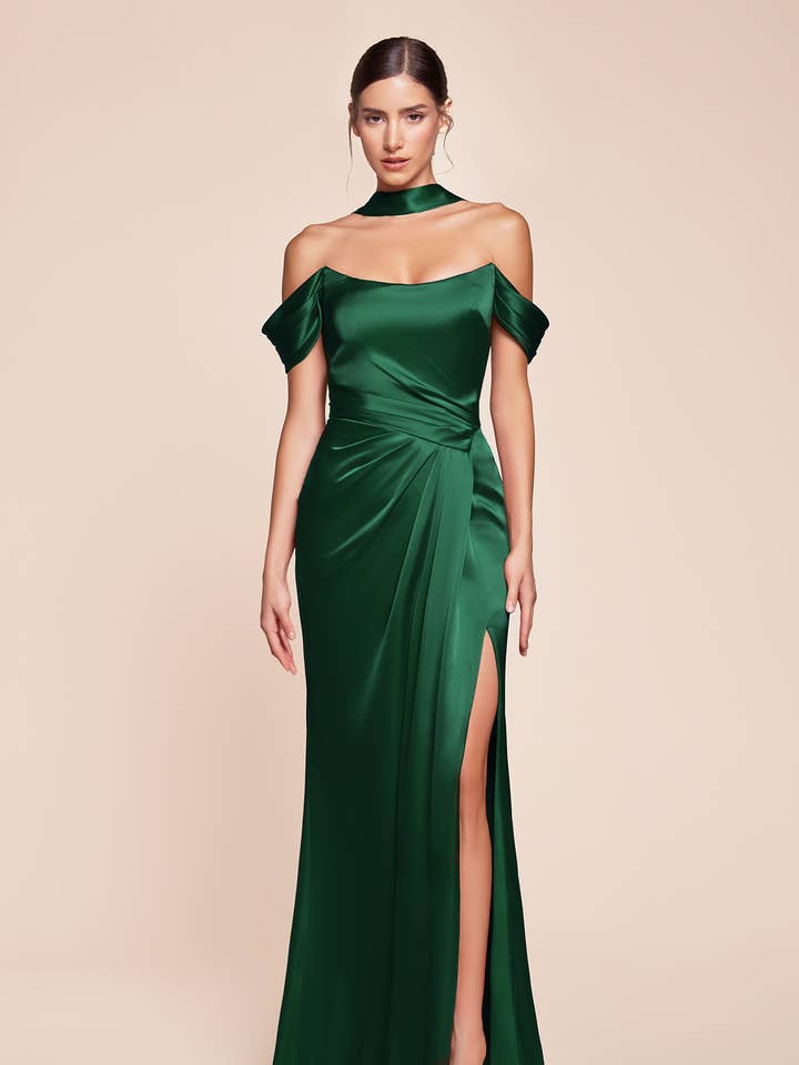 Ladivine by Cinderella Divine - Wholesale Dress - Women's - OFF THE SHOULDER LACE UP CORSET SATIN GOWN