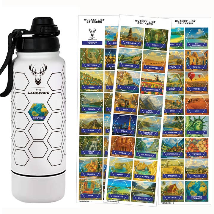 Worldwide Bucket List Water Bottle with Stickers for wholesale by The Langford