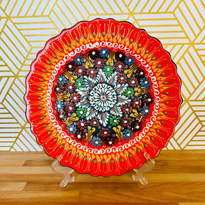 10” Turkish Ceramic Handmade & Painted Plate - Bright Orange Fire Dot Art Floral Tulip Patterned - Wall Hanging or Stand Use for wholesale by Guzel Handcrafts