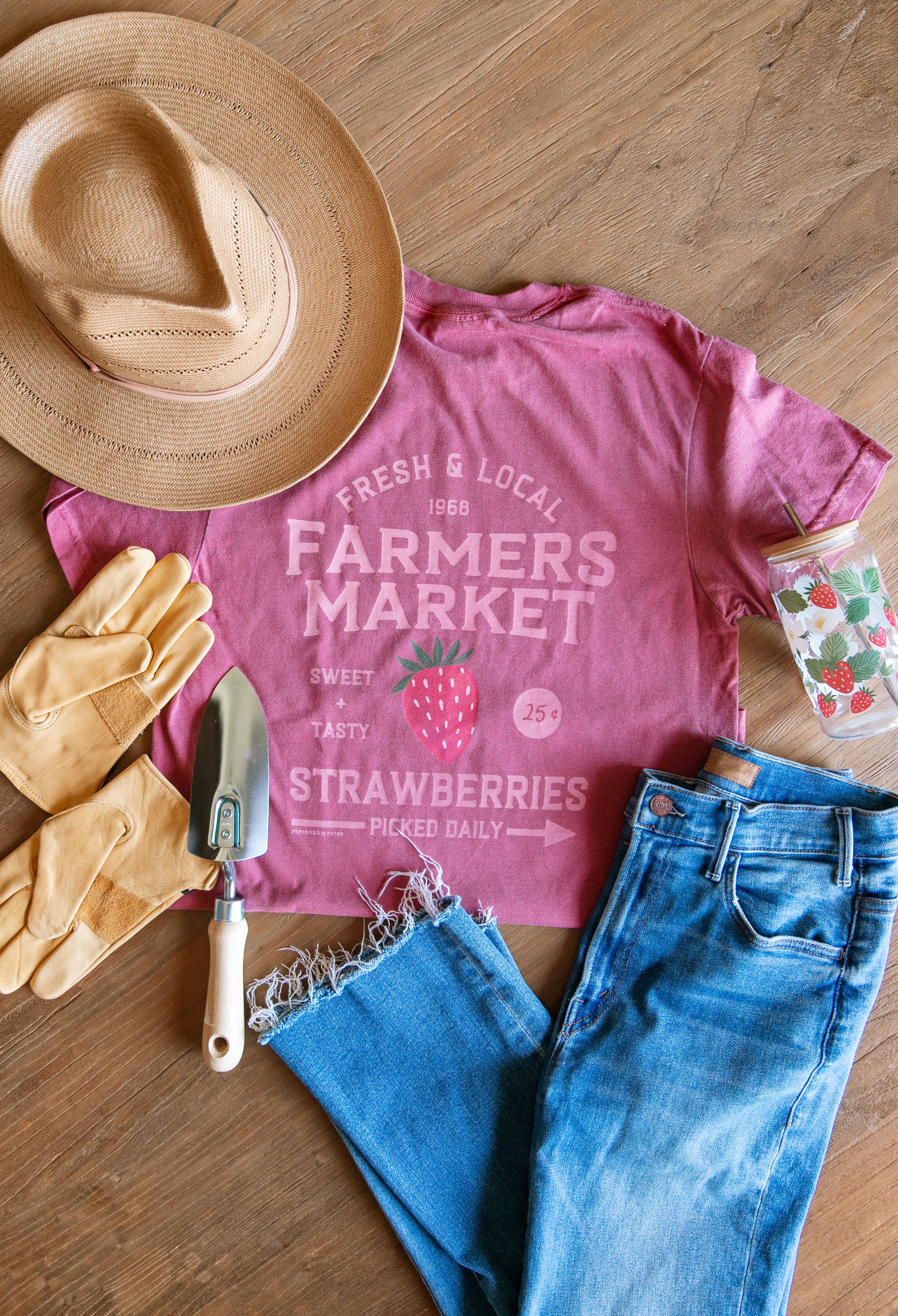 Paper Farm Press - Wholesale Screen Printed T-Shirt - Women's - Strawberry Farmers Market Tee - Crimson1