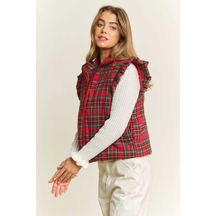 Red EVERYDAY PLAID PUFF ZIP UP VEST JACKET with ARMHOLE RUFFLE D for wholesale on Faire