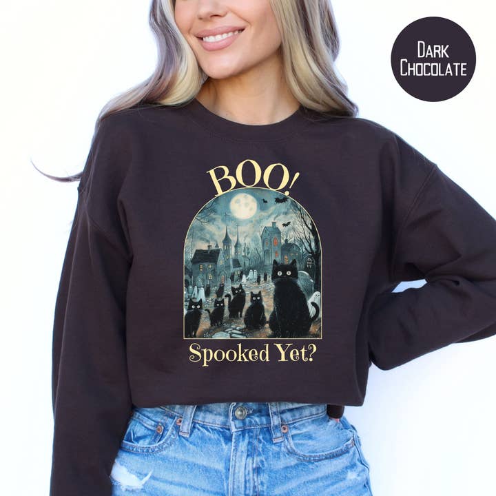 Black Cats and Ghosts in Graveyard Halloween Sweatshirt for wholesale by CindyL Boutique