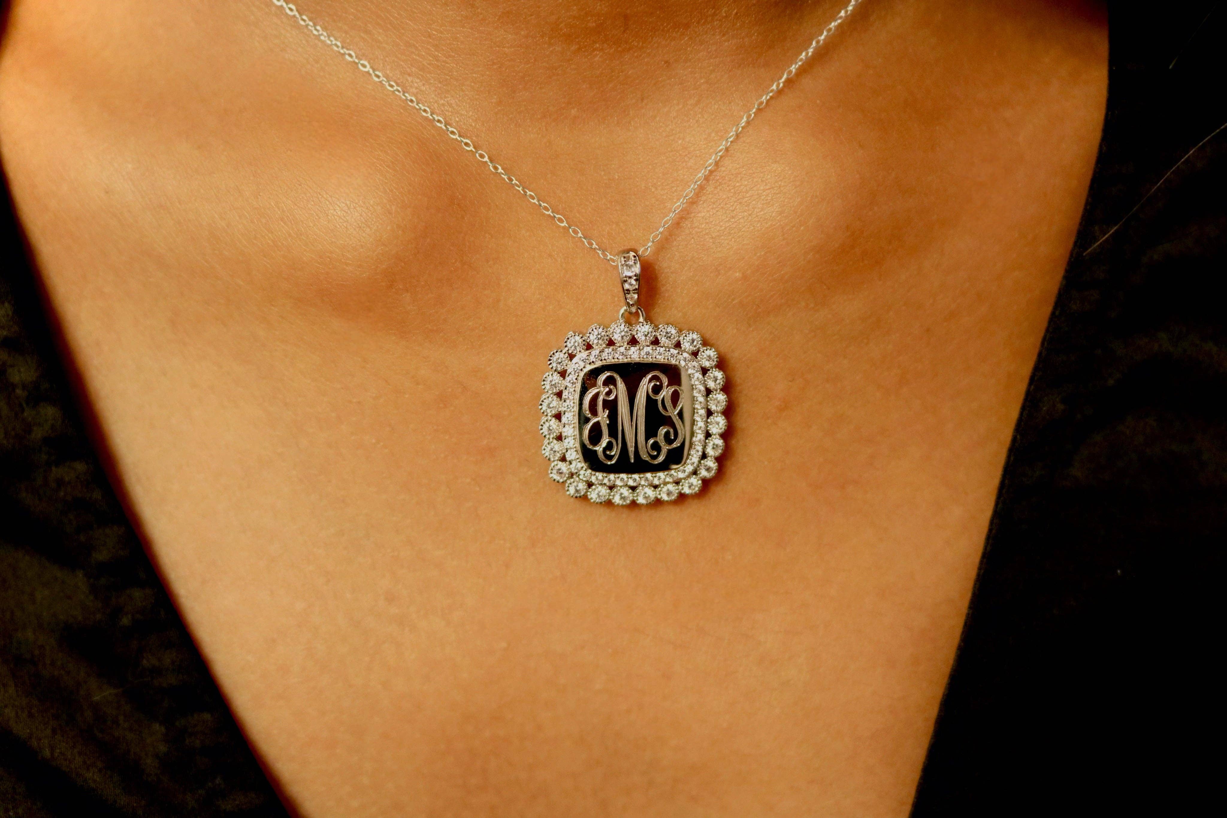 Atlanta Jewelers Supply - Wholesale Pendant/Charm Necklace - Sterling Silver Decorative Large Soft Square CZ Engravable Necklace0