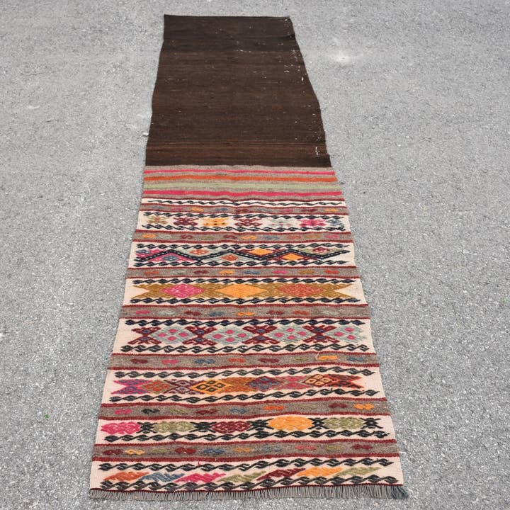 Handgjord brun kilim-matta, 2,4x8,9 fot geometrisk matta för wholesale av Vintage Rugs Loom