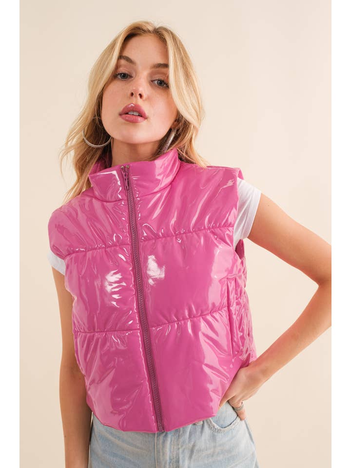 Blue B - Wholesale Outerwear Vest - Women's - 22656J - Gloss Shiny PU Quilted Puffer Zip Up Crop Vest7