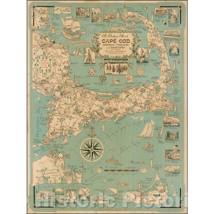 Carte de Cape Cod et des îles de 1949 par Ernest Dudley Chase pour la vente par Historic Pictoric