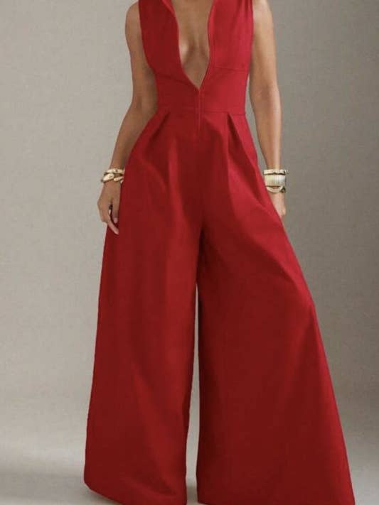 Dragkedja fram ärmlös jumpsuit med vida ben - FD019 för wholesale av House of E ATL LLC