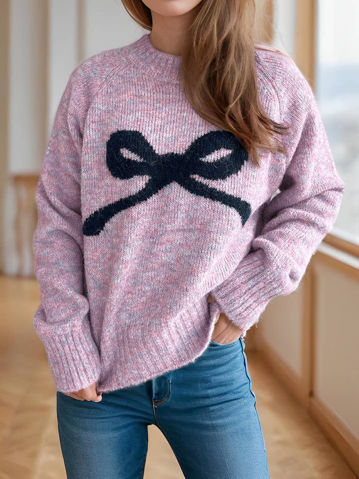HIDDENBRAND - Wholesale Knit Sweater - Women's - Bow Jacquard Slouchy Knitted Sweater7
