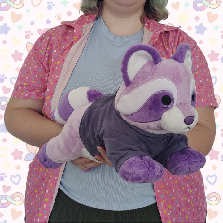 tristan the depression raccoon laying cuddle plushie! for wholesale by Hannimations