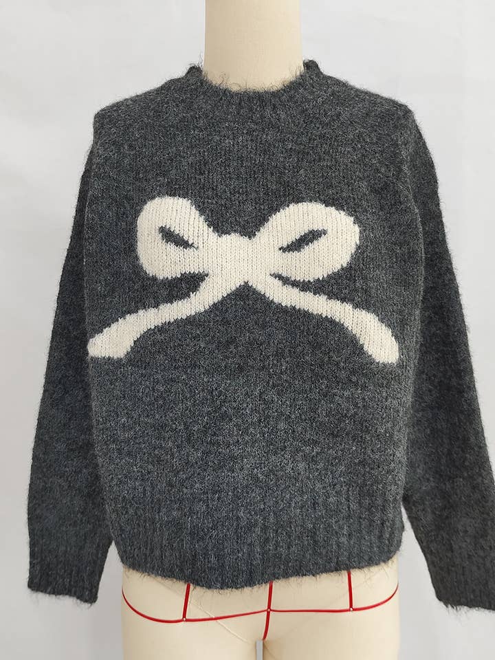 HIDDENBRAND - Wholesale Knit Sweater - Women's - Bow Jacquard Slouchy Knitted Sweater1