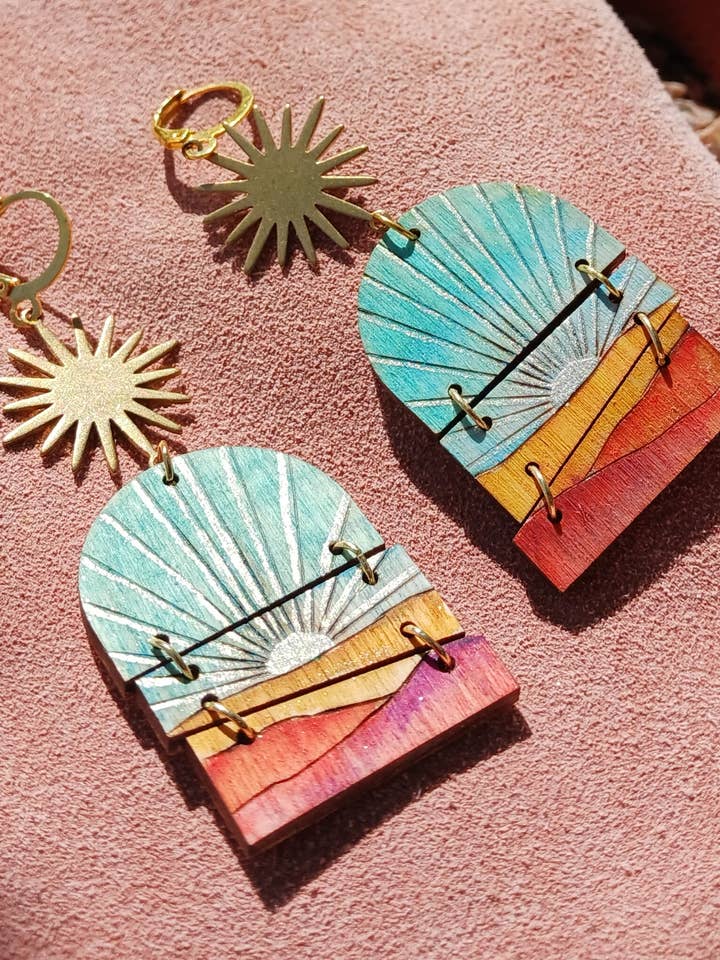 Wood Earring - Golden Hour - Hand Painted And Burned for wholesale by CGDesigns