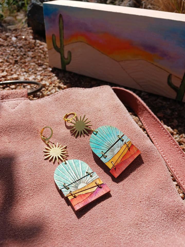 Wood Earring - Golden Hour - Hand Painted And Burned for wholesale by CGDesigns