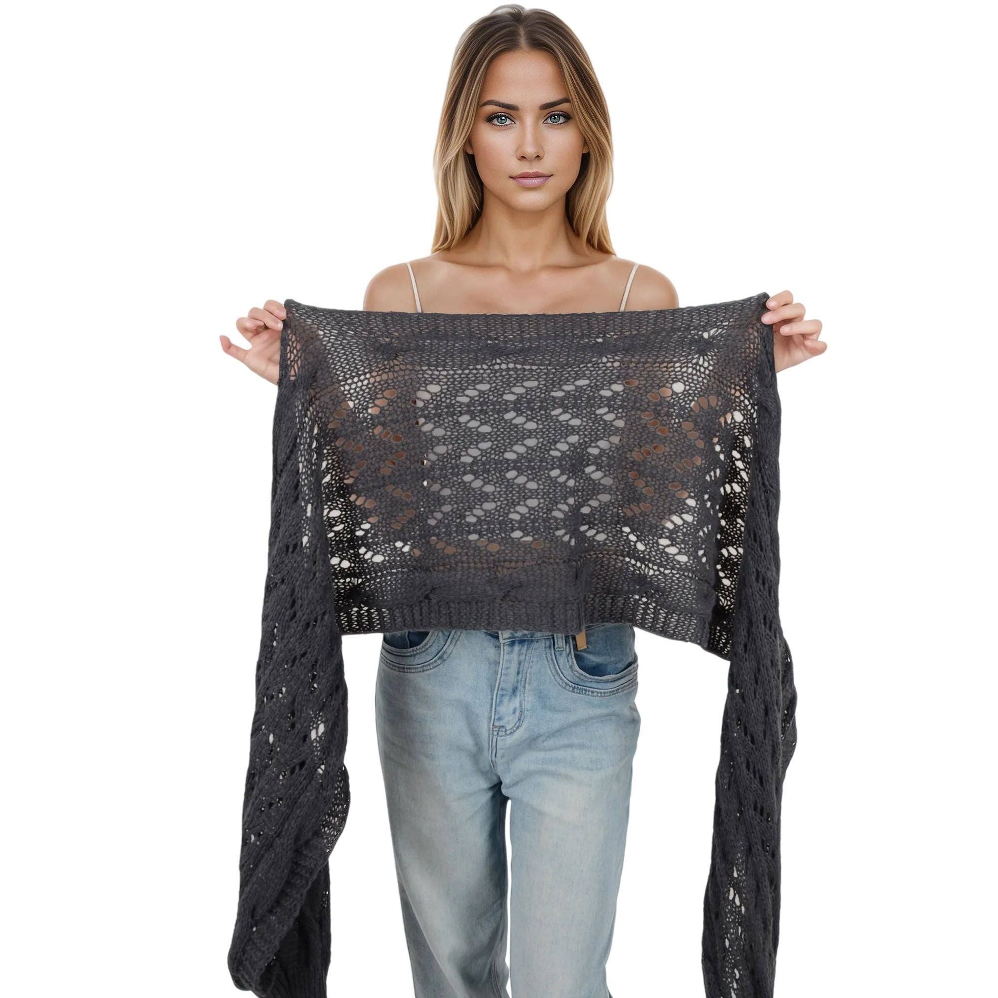 AK Brand – Engroshandel Tørklæde - Dame – Ensfarvet hæklet strikket kabeltørklæde trøjeomslag9