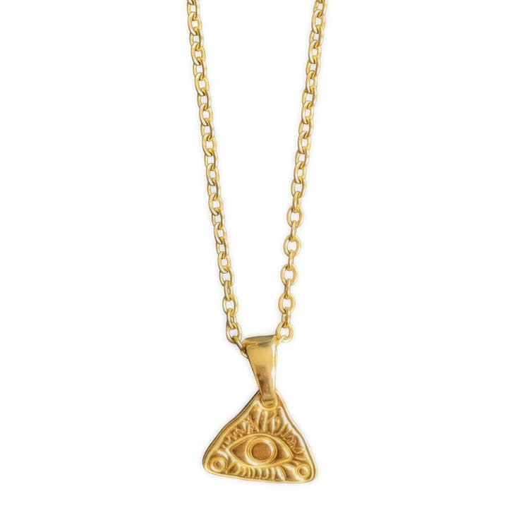 Third Eye Talisman – Triangle Eye Necklace in 18K Gold or Silver Plated Stainless Steel for wholesale by Lucy Andy Jewellery