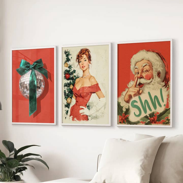 PrintSets.com - Wholesale Gallery Wall Set - Retro Holiday 3 Piece Wall Art: Santa, Pin-Up Girl, Disco Ball6