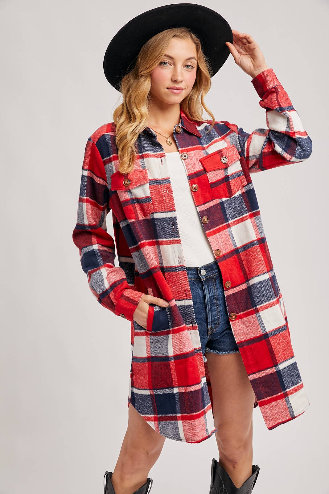 Bluivy – Engroshandel Skjortejakke/shacket – til kvinder – FLANNEL PLAID LANGLINE SHACKET46