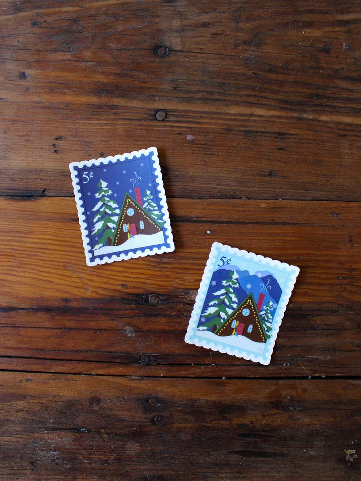 A-Frame Cabin Postage Stamp Sticker | Cozy Cabin Sticker for wholesale by Designs by Tris