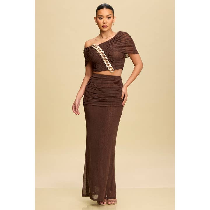 FIA CHAIN TRIM CROPPED TOP SHIRRING LONG SKIRT for wholesale by Luxxel