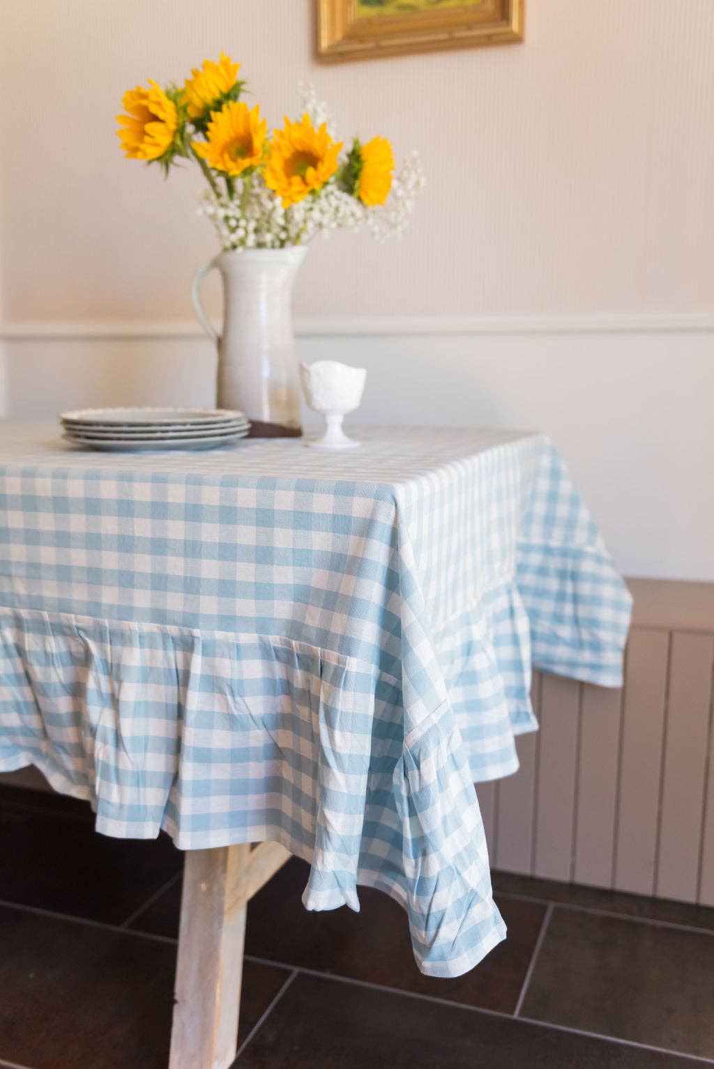 Galley and Fen - Wholesale Tablecloth - Blue Ruffled Gingham Tablecloth1
