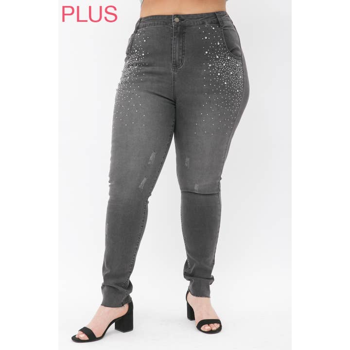 JEAN SKINNY EN JEAN GRANDE TAILLE AVEC PIERRES pour la vente par VOCAL