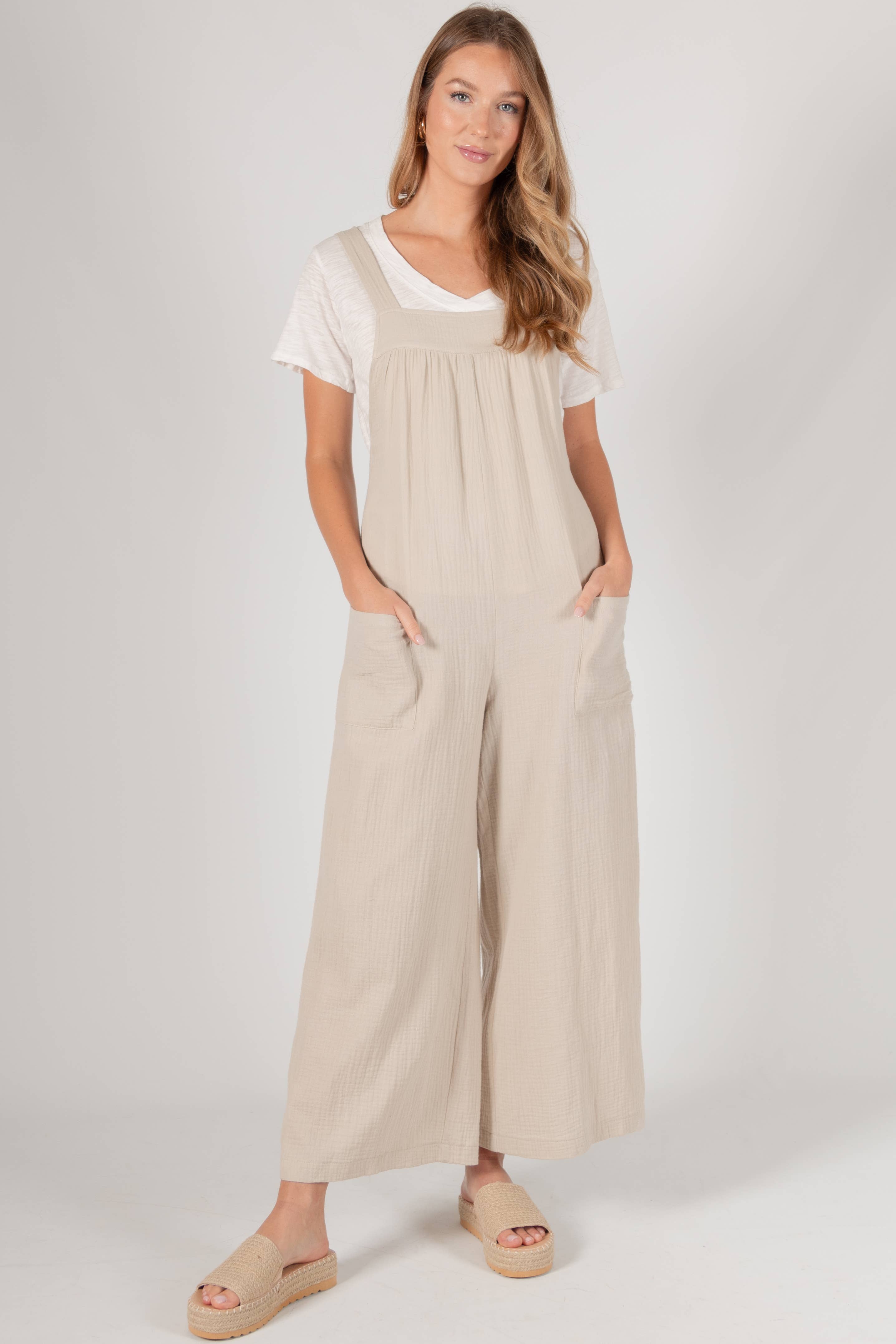 Sand Slubbed Gauze Wide Leg Overalls for wholesale on Faire2