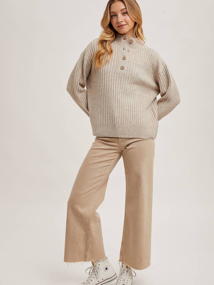 Bluivy - Vente Pull en maille – femme - PULL EN TRICOT À COL HENLEY ET BOUTONNÉ SUR LE DEVANT10