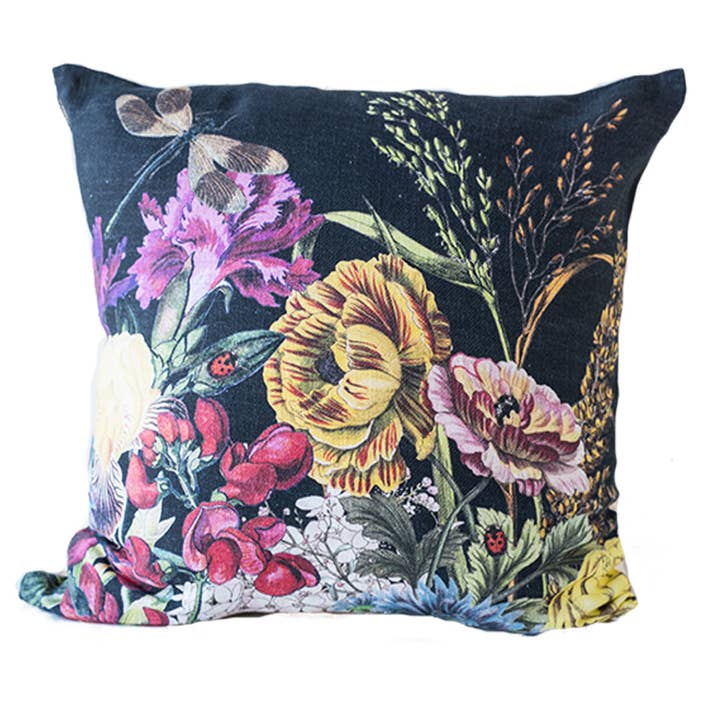 Almohada con cremallera de algodón negro con estampado floral de insectos para venta al por mayor de Knollwood Lane
