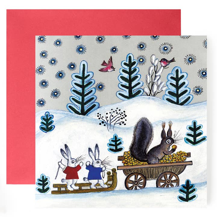 Squirrel and Bunnies in a Sledge Christmas Greeting Card for wholesale by Kapelki Art