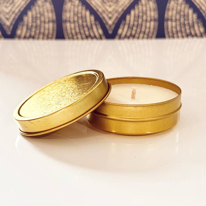 UNBRANDED 2 oz Gold Tin Soy Candle for wholesale by Marblehead Candle Company