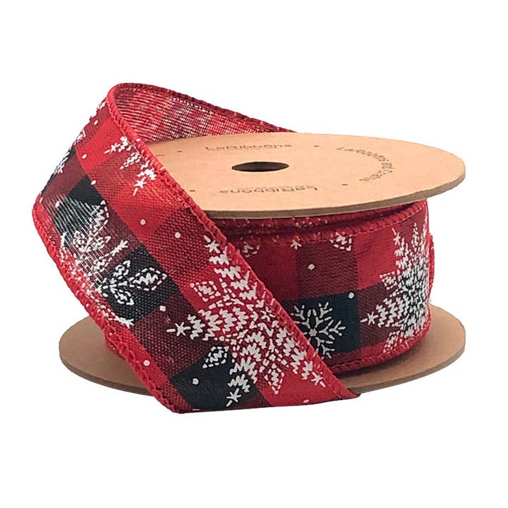 1 1/2" Wired Ribbon | "Check Snowflake" Black/Red/White | 10 Yard Roll
for wholesale by LA Ribbons Wholesale