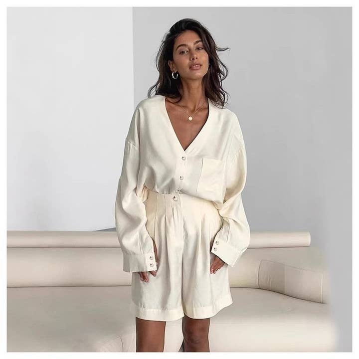 Khaki V-Ausschnitt Langarmshirt-Shorts-Set für den Großhandel von kycozy