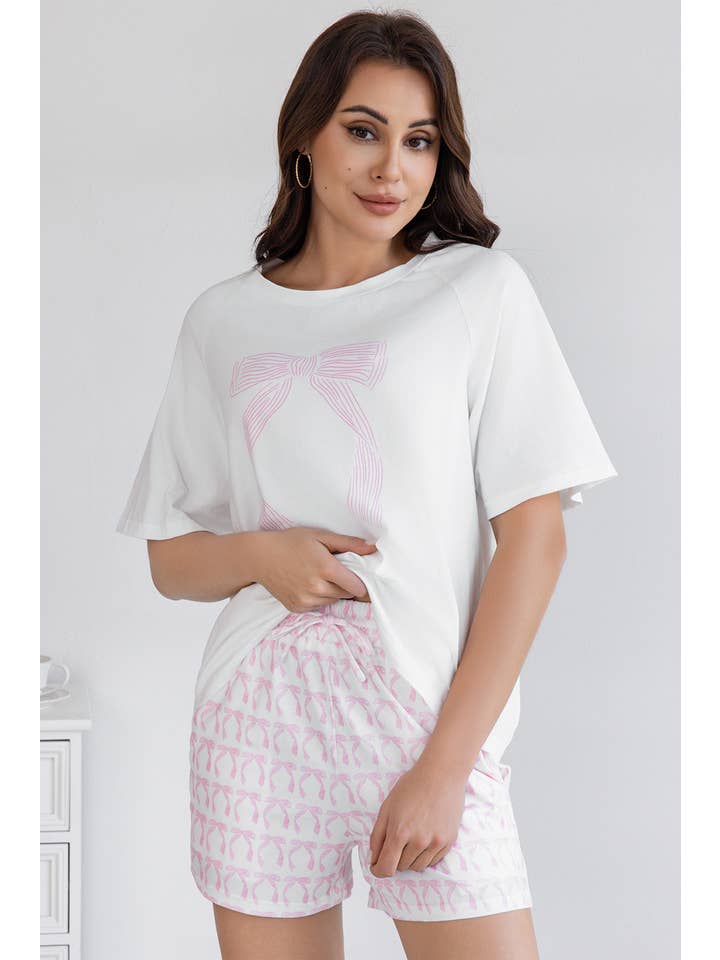 White Bow Knot Print Short Sleeve Shirt and Shorts Lounge Set for wholesale on Faire