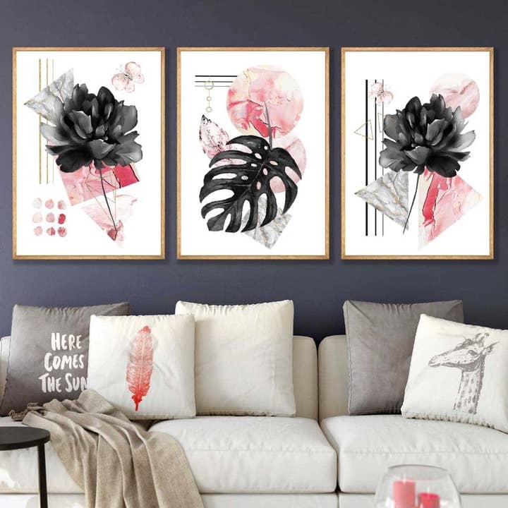 Set of 3 Modern Floral Wall Art Prints Pink & Black for wholesale by Artze Wall Art
